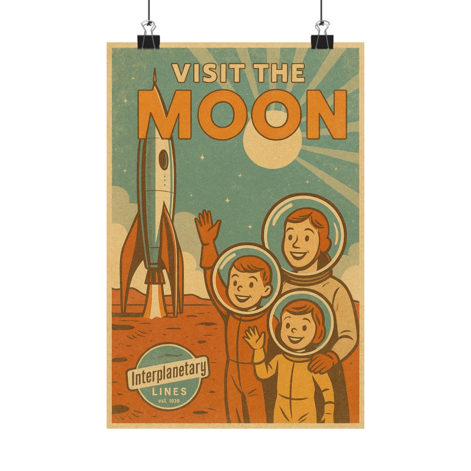 Visit The Moon Retro Rocket Travel Art Print Poster, 1950s Space Tourism