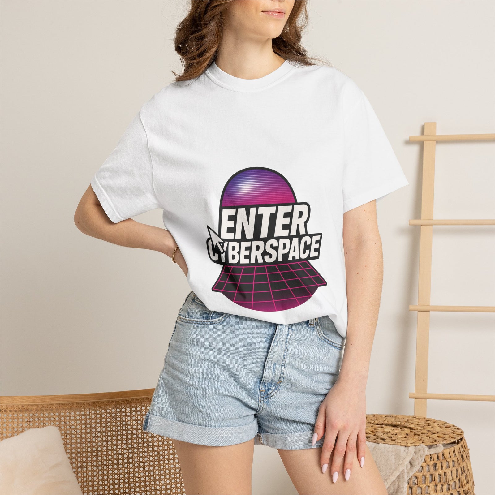Enter Cyberspace Grid Graphic Tee, Neon Wireframe Retro-Future Vibe