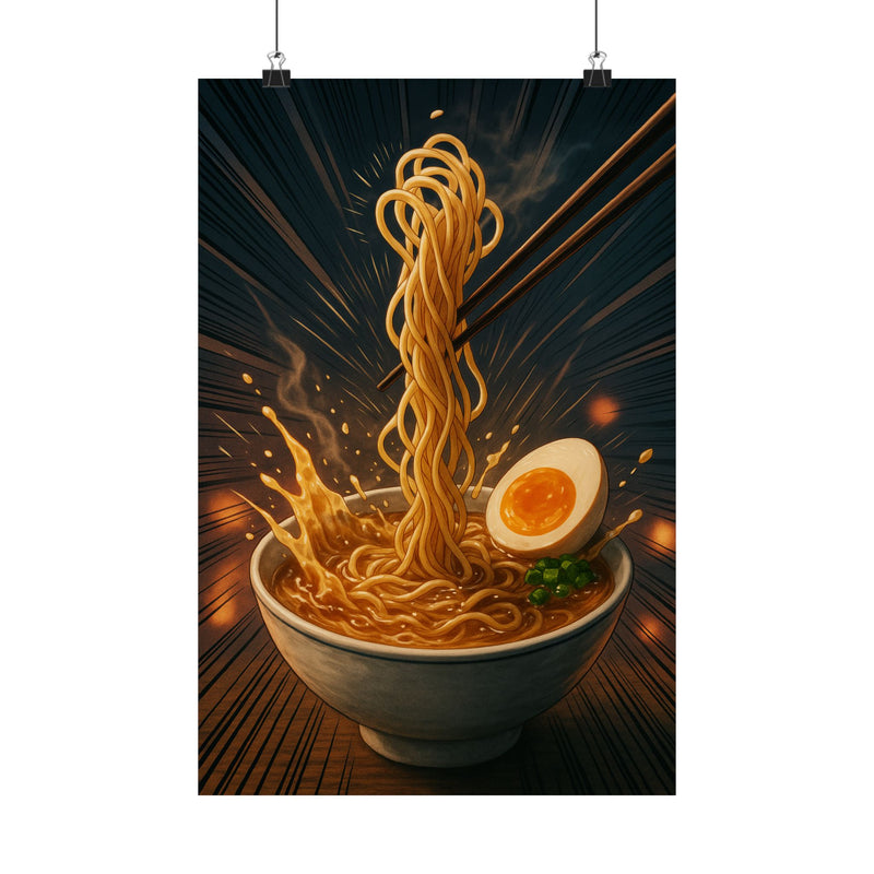 Ramen Speed Lines Art Print Poster, Cinematic Shonen Noodle Bowl