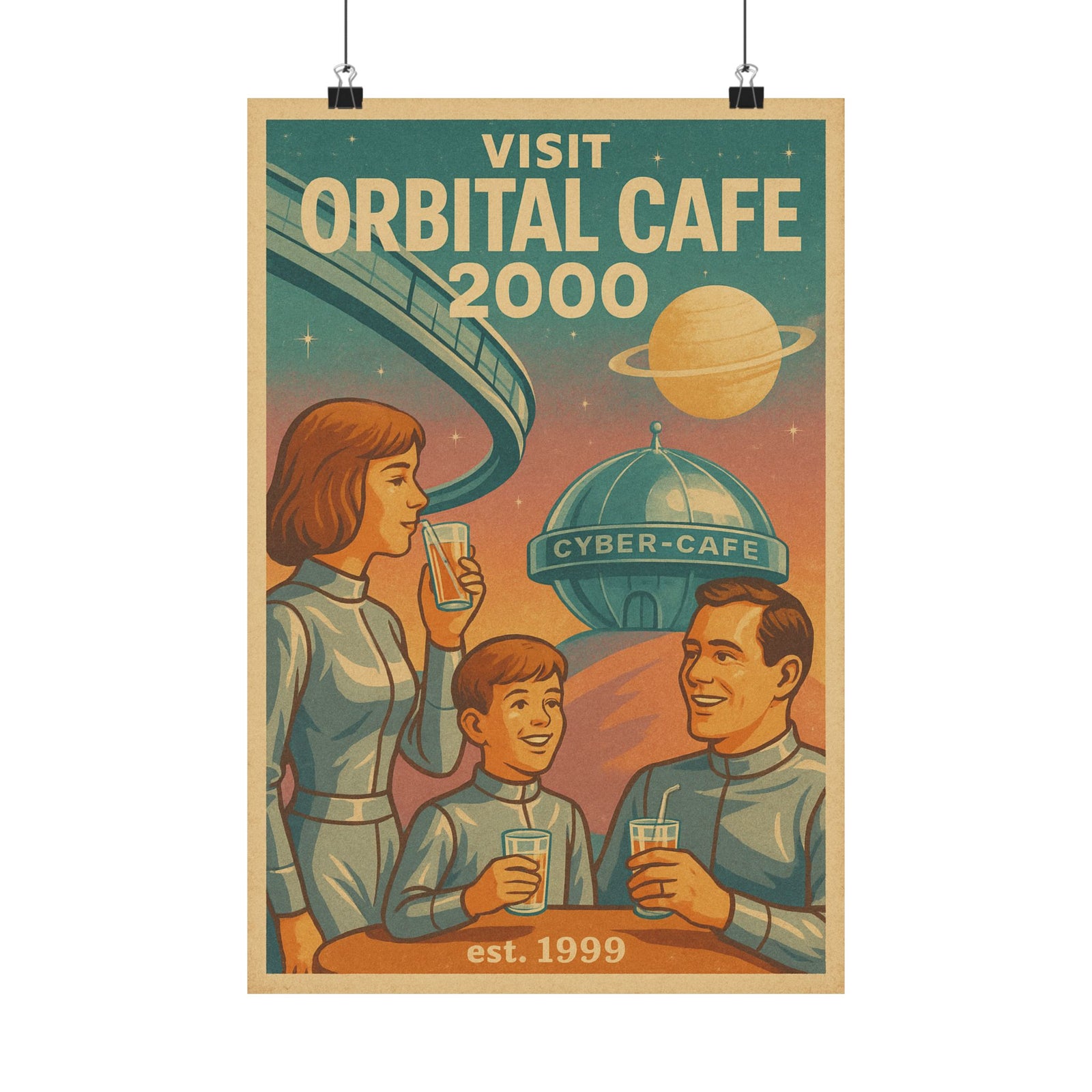 Orbital Cyber-Cafe Travel Art Print Poster, Y2K Retro-Future Tourism