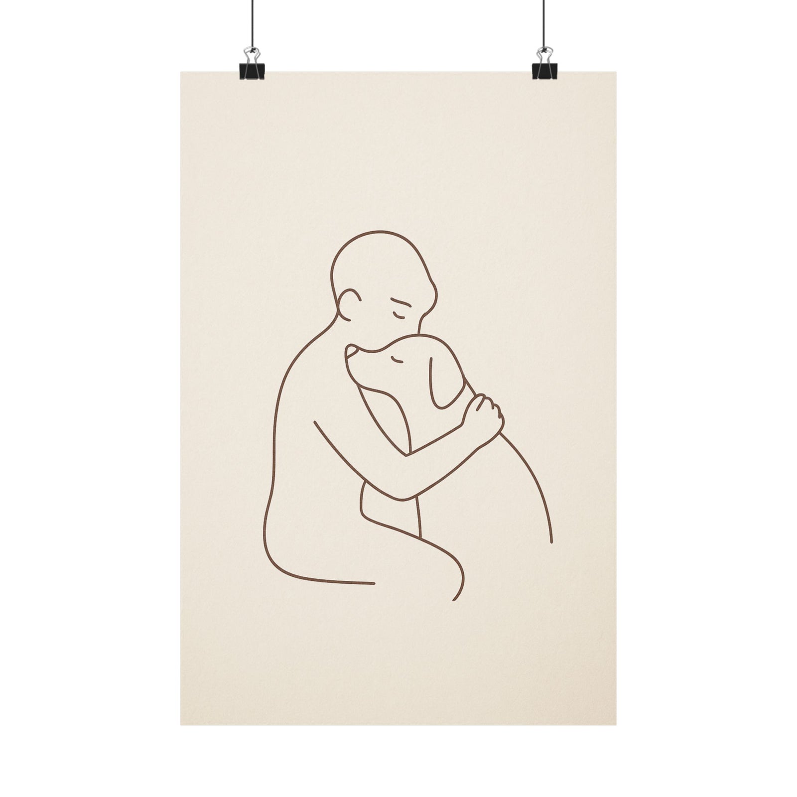 Person And Dog Hug Line Art Print Poster, Minimal One Line Bond