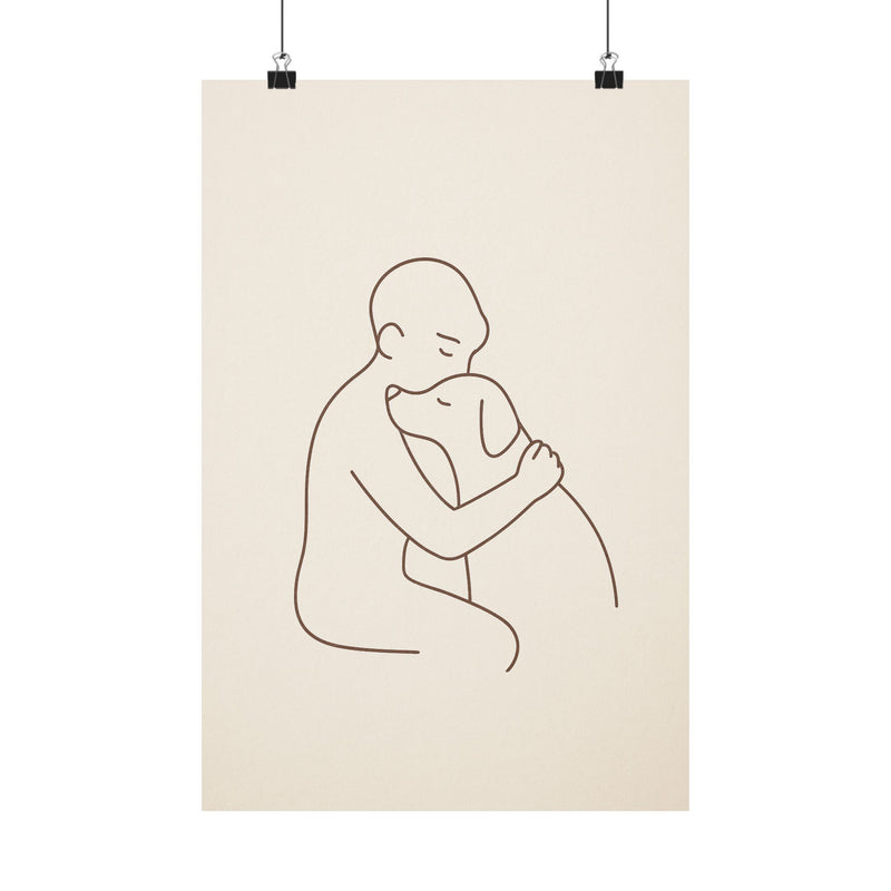 Person And Dog Hug Line Art Print Poster, Minimal One Line Bond