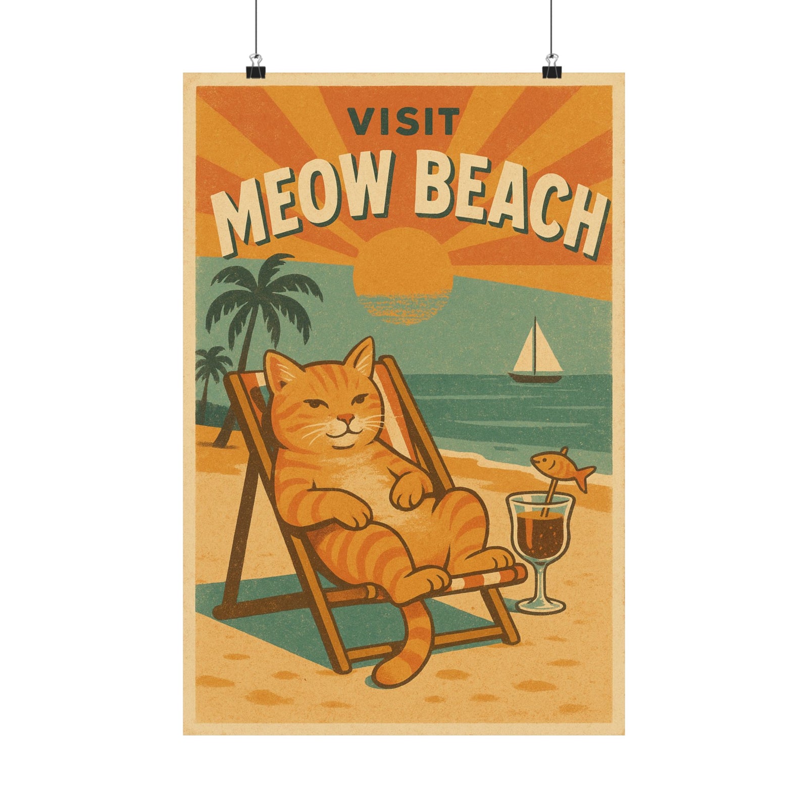 Meow Bay Cat Beach Travel Art Print Poster, Retro Vacation Vibe