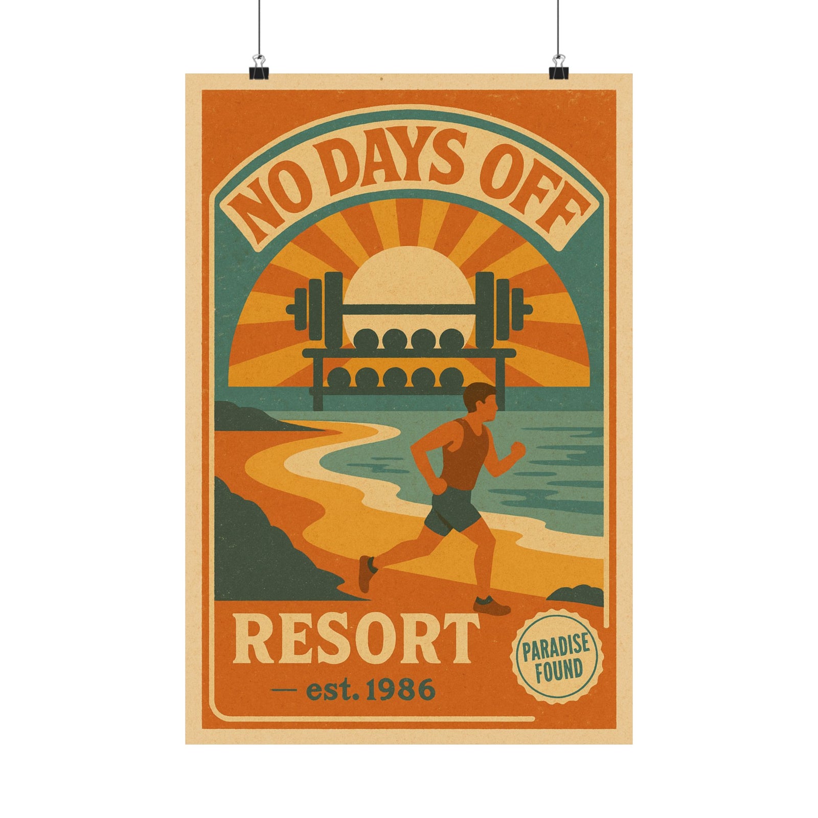 No Days Off Gym Resort Art Print Poster, Retro Travel Style