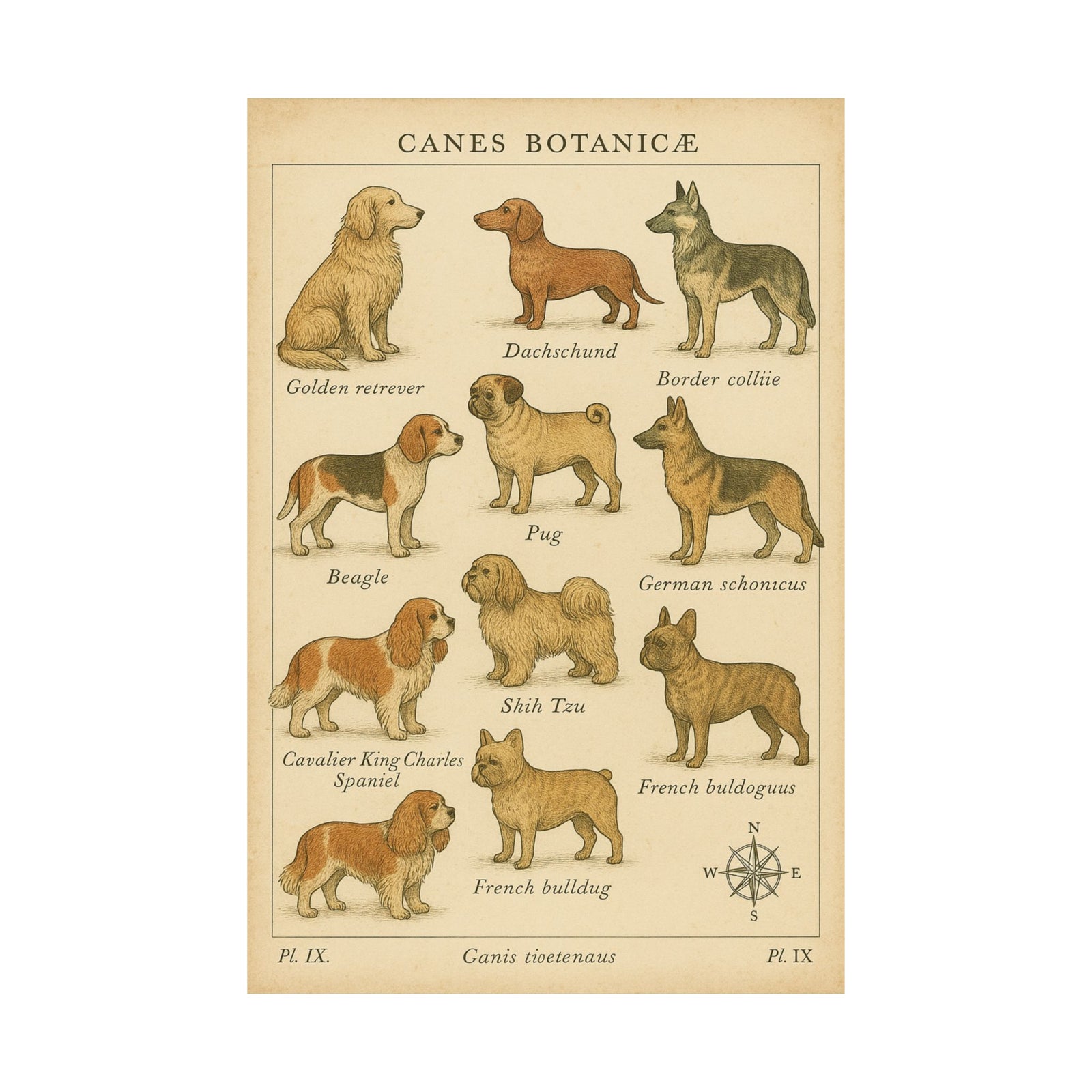 Dog Breeds Botanical Chart Art Print Poster, Vintage Specimen Plate