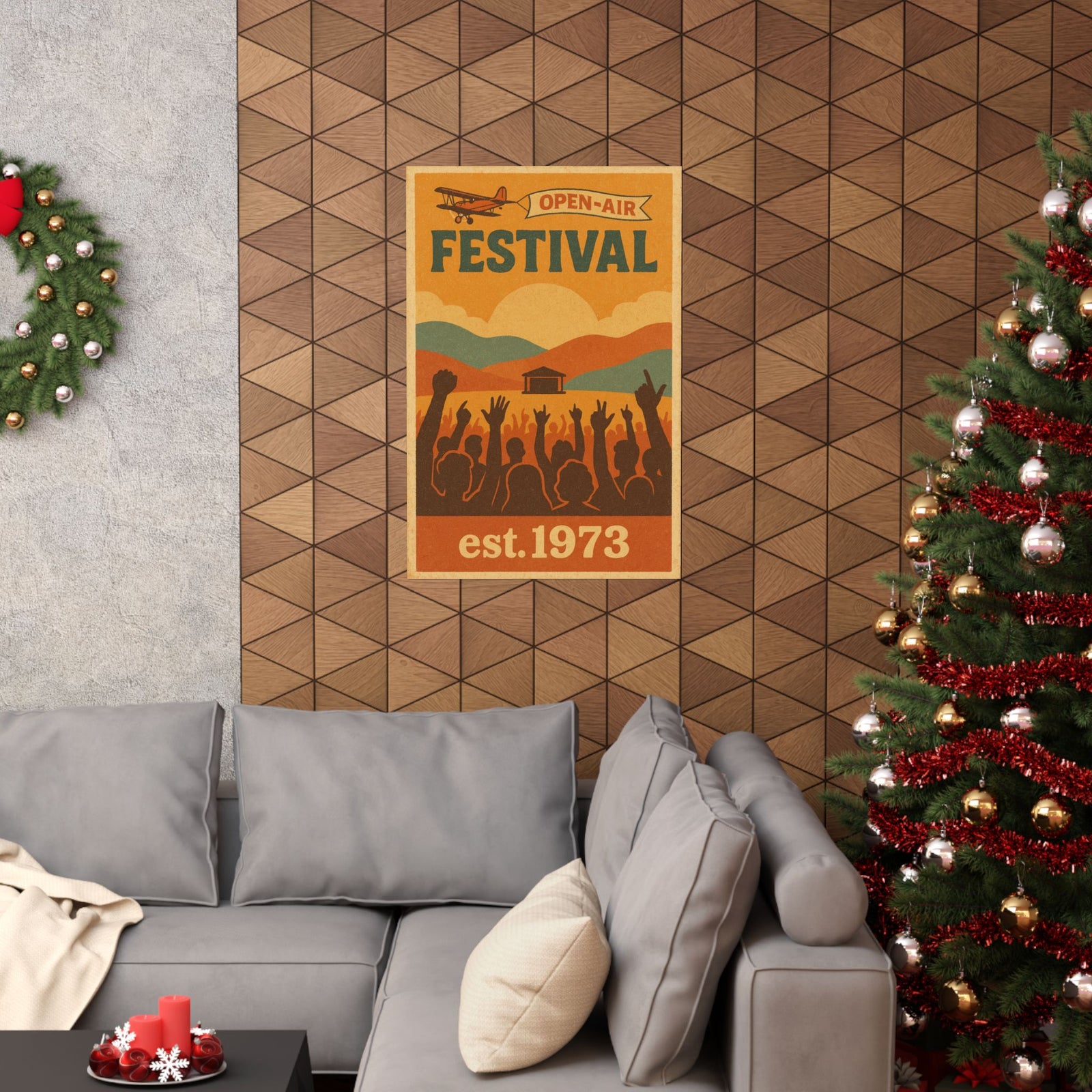 Vintage Festival Travel Art Print Poster, Sunrise Over The Main Stage
