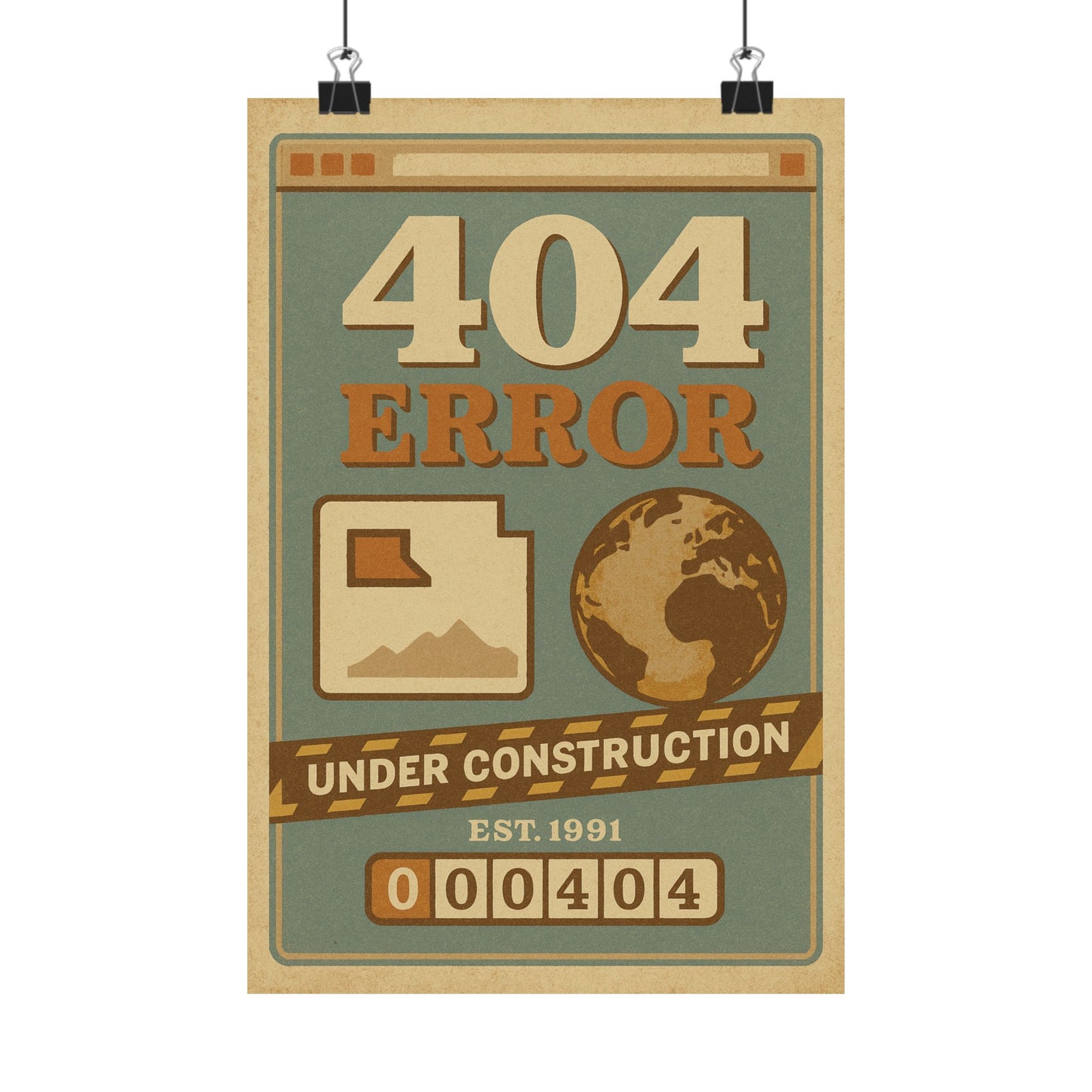 404 Not Found Art Print Poster, Broken Web Nostalgia Scene