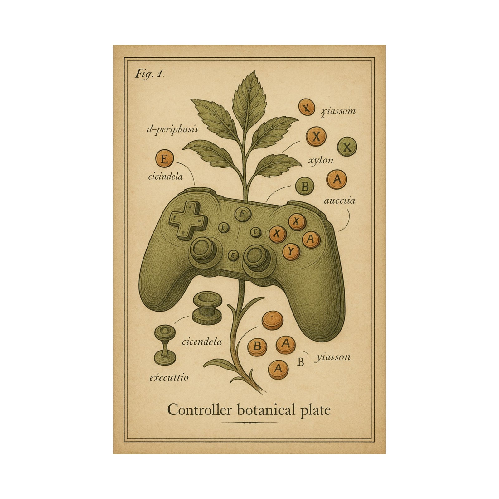 Controller Botanical Specimen Art Print Poster, Vintage Plate Style