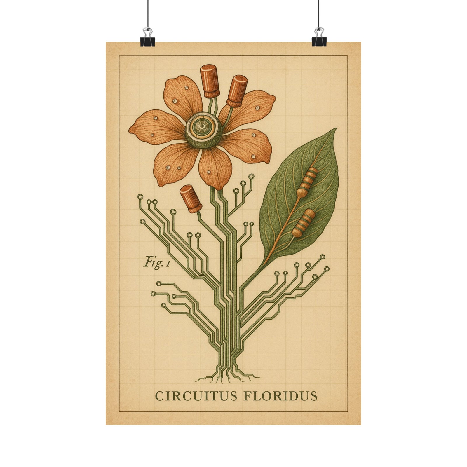 Circuit Board Flower Botanical Art Print Poster, Retro Tech Bloom Plate