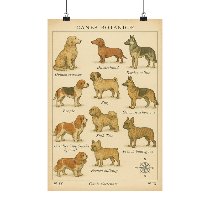 Dog Breeds Botanical Chart Art Print Poster, Vintage Specimen Plate