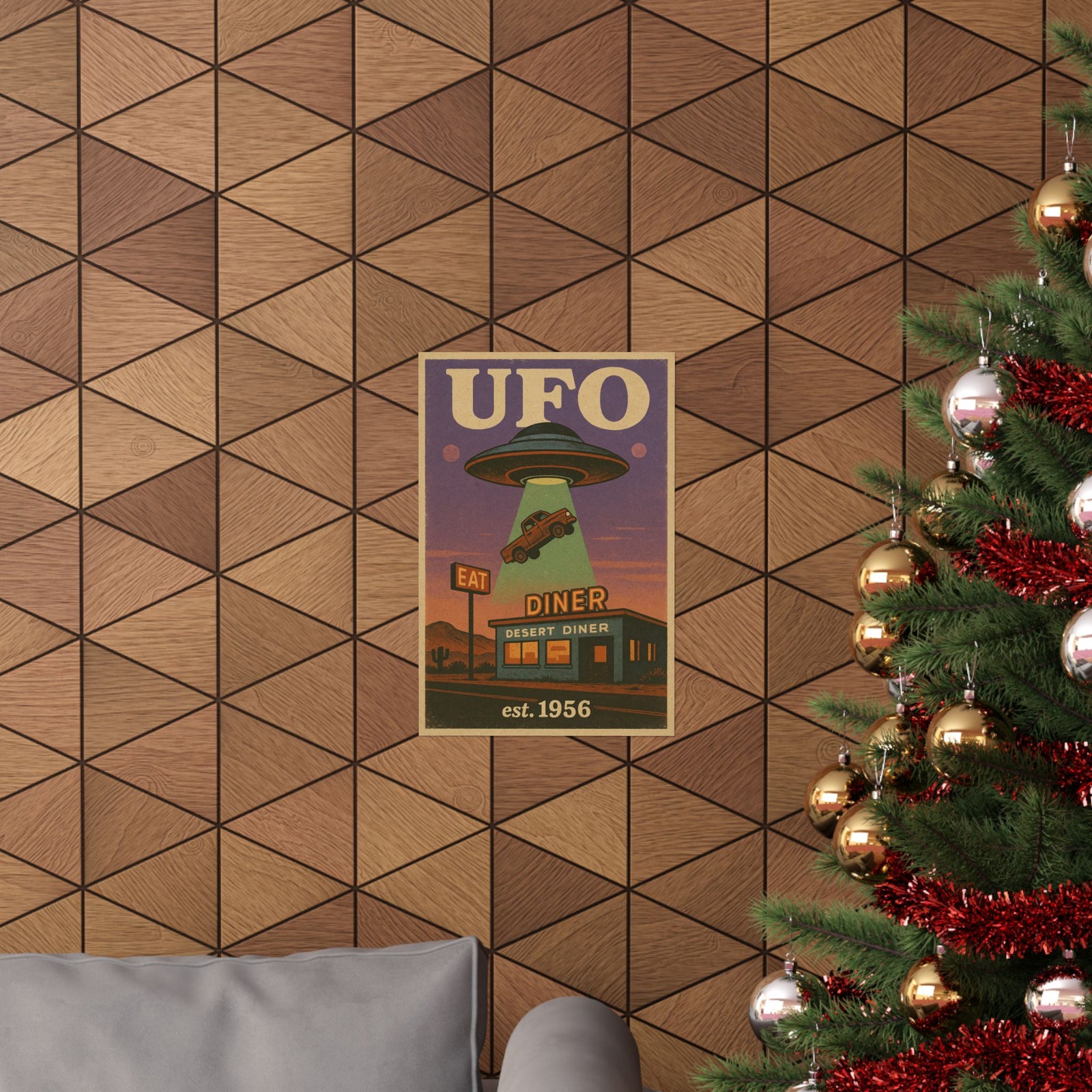 UFO Over Desert Diner Art Print Poster, Retro Route 66 Abduction