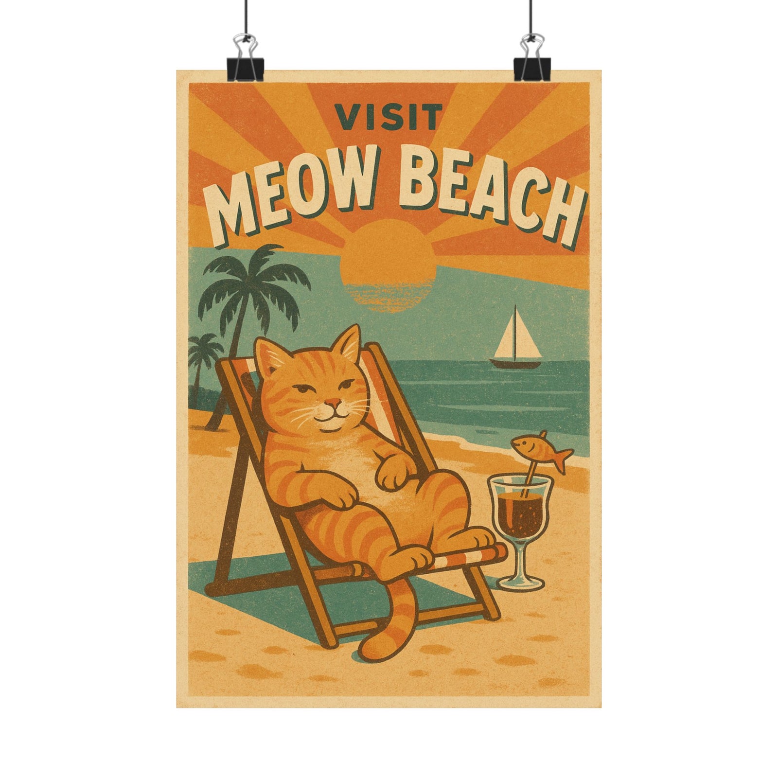 Meow Bay Cat Beach Travel Art Print Poster, Retro Vacation Vibe