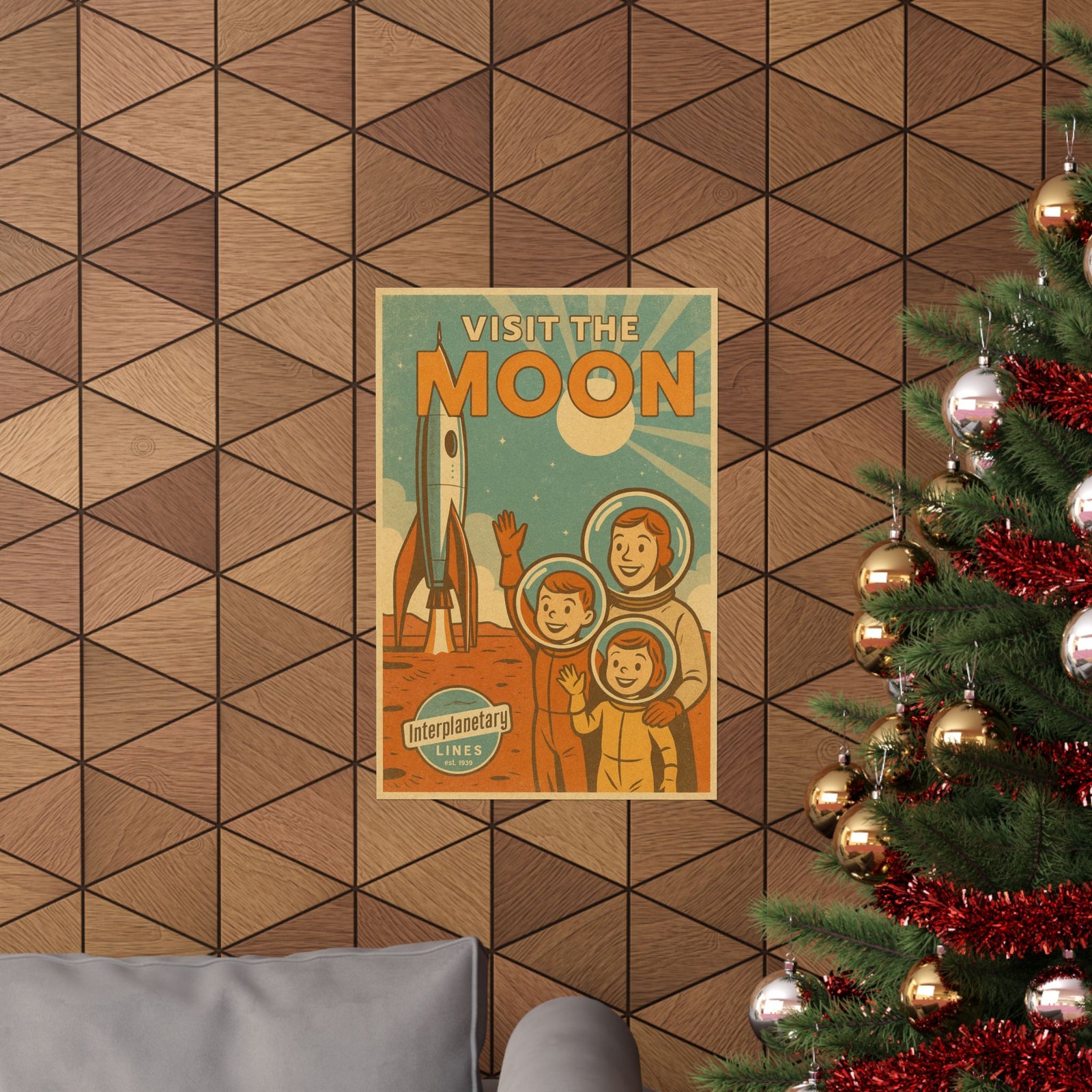 Visit The Moon Retro Rocket Travel Art Print Poster, 1950s Space Tourism