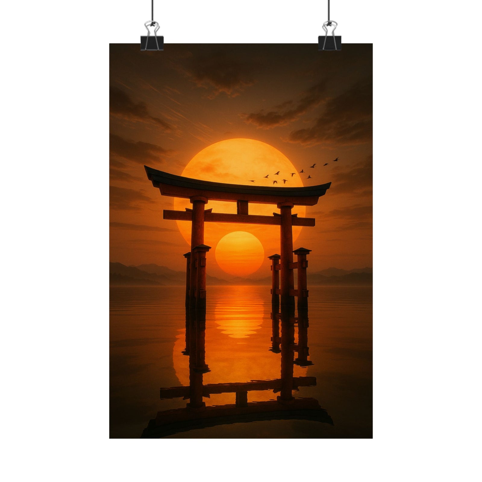 Torii Gate Sunset Art Print Poster, Cinematic Anime Landscape